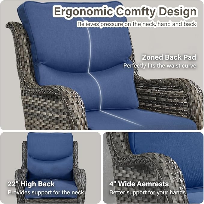 Outdoor Swivel Rocker Patio Chairs Set of 4 with Coffee Table - 5" Thick Cushion 8 Piece Furniture Set All Weather Comfortable Wicker Conversation Set for Porch Deck - Gray/Blue
