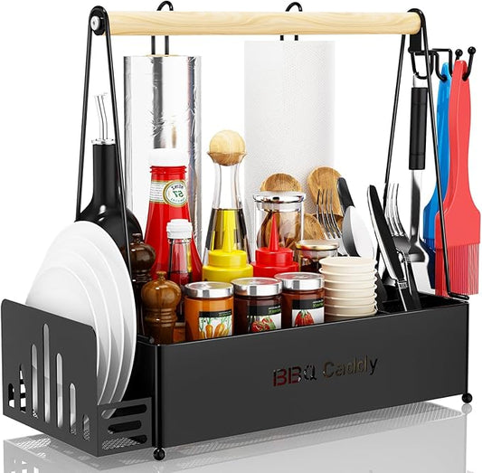 Grill Caddy, BBQ Caddy for Outdoor Grill with 2 Paper Towel Holders, Picnic Condiment Utensil Caddy for Outdoor, RV, Tailgating Essentials, Grilling Accessories, Camping kitchen, Gifts for Men