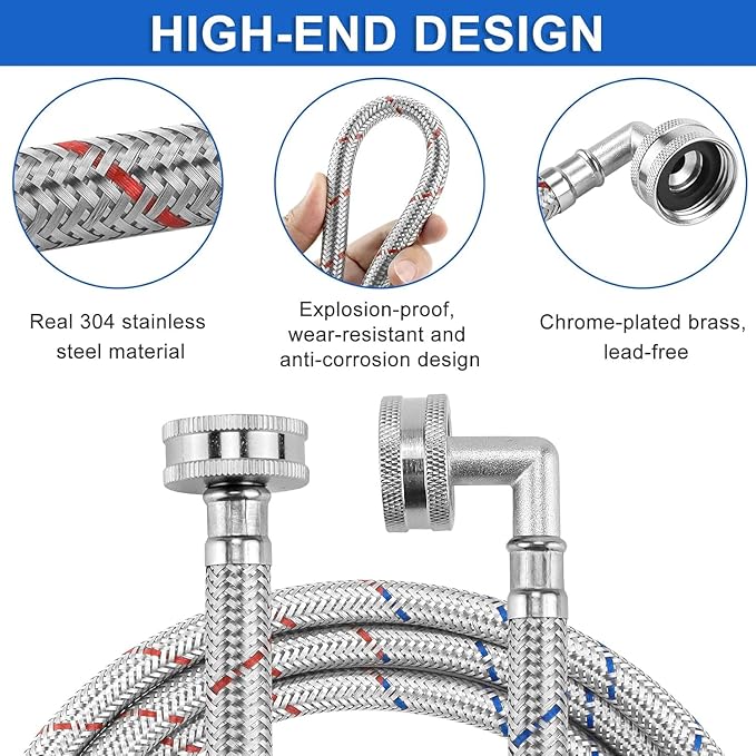 AMI PARTS 4ft Premium Burst-Proof Stainless Steel Washing Machine Hoses With 90 Degree Elbow - Suitable for All Washers - Red and Blue Striped Water Connection Inlet Supply Lines (2 Pack)