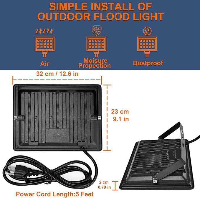 XXBSAZ 2 Pack 300W LED Flood Lights Outdoor, 37,000LM Plug-in Hardwire Work Light IP66 Waterproof - 6500K Daylight Bright for Yard, Garage, Stadium
