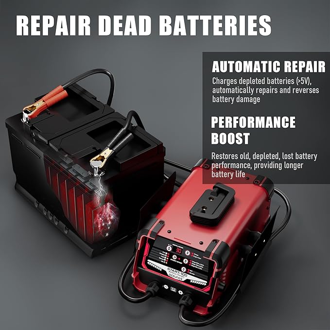12V 24V Car Battery Charger & Engine Starter, 0-30A Automatic Battery Maintainer, 130 Cranking Amps, Jump Starter & Smart Trickle Charger, for Standard, AGM, Gel & Deep-Cycle Batteries