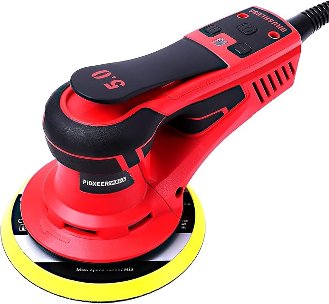 Electric Random Orbital Sander, PioneerWorks Brushless Motor, Powerful 350W & Low Vibration Palm Sander,10000 RPM Variable Speed,6-Inch Pads For Woodworking, Polishing, Sanding, Carpentry