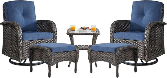 Belord Small Conversation Sets Patio Funiture - 5 Piece Outdoor Swivel Rocker Wicker Furniture Sets with Ottomans Side Table Perfect for Patio Deck Backyard, Brown Wicker Blue Cushion
