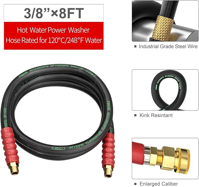 POHIR Pressure Washer Whip Hose 8FT, Reel Connector 248°F Hot/Cold Water Jumper Hose 3/8" with Quick Connect Adapter, Industry Grade Steel Wire Braided & Synthetic Rubber Jacket 4800 PSI