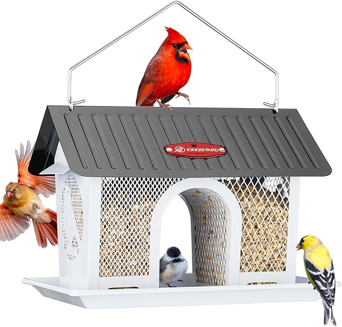 Kingsyard Metal Bird Feeders for Outdoors Hanging, Wild Bird Feeder with Seed Tray and Weatherproof Roof, 3 lbs Seed Capacity, White