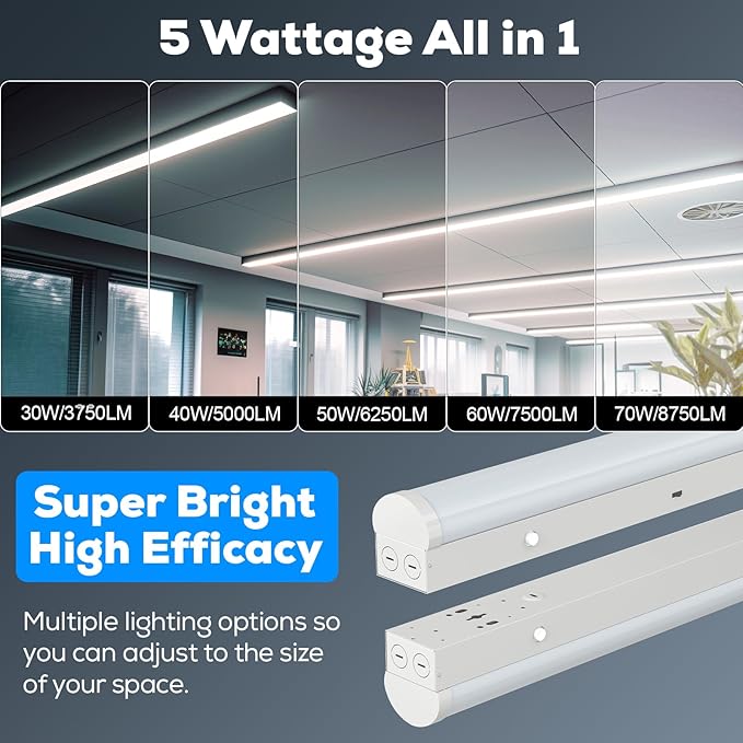 4FT LED Linear Strip Light, Super Bright LED Shop Lights 30W 40W 50W 60W 70W Selectable/100V-277V 6CCT 3000K-6500K, Flush Mount 0-10V Dimmable Commercial Garage Indoor Ceiling Light, ETL DLC(4 Pack)