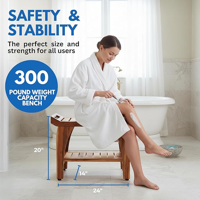 EcoDecors 24 Inch Tranquility Natural Color Waterproof Teak Wood Shower Bench Stool Seat Chair For Inside Shower Storage Shelf Provides Safety, Storage, and Organization For Bathroom Accessories