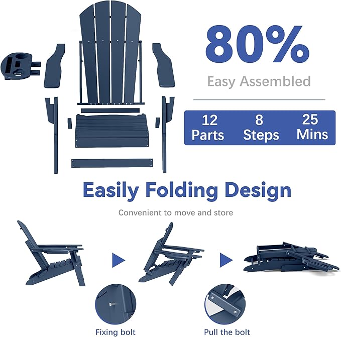 FOOWIN Folding Adjustable Adirondack Chair Set of 2,HDPE Adirondack Chair w/4 in 1 Cup Holder Trays,All-Weather Resistant Fire Pit Chair, Outdoor Chair for Patio Lawn Poolside,400lbs,Navy Blue
