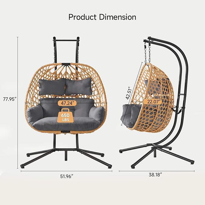 ONBRILL Double Hanging Egg Chair with Stand, Bohemian Knot Style Hammock Swing Chair, Foldable Basket & Denser Weaves, 650 Lbs Capacity Loveseat with UV Resistant Cushion for Patio, Backyard (Grey)
