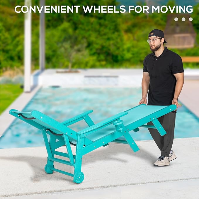 Outdoor Chaise Lounge Chair with Table Set of 3, 5-Position Adjustable Patio Lounge Chair with Wheels & Cup Holder, HDPE Pool Lounge Chair for Outside, Poolside & Beach (Aruba)
