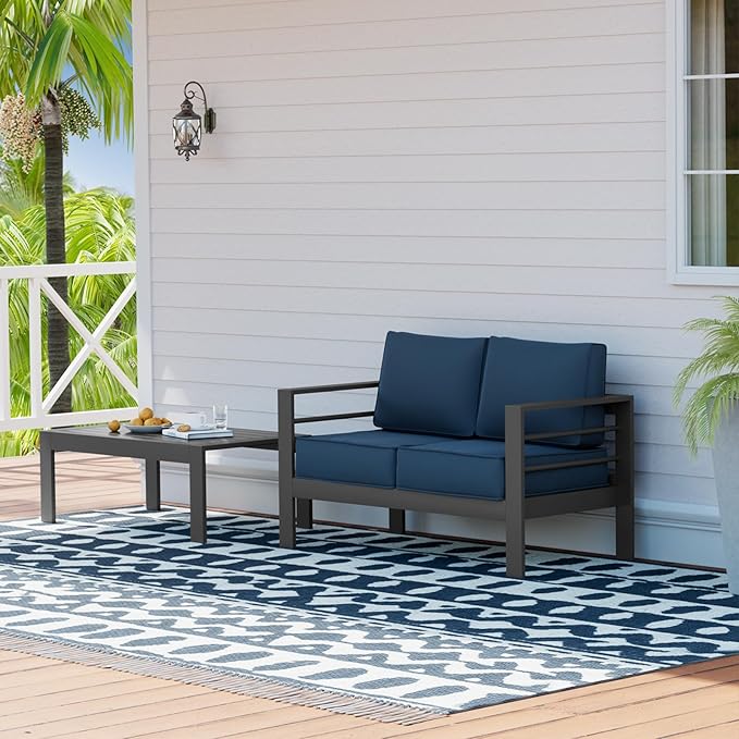 UDPATIO Outdoor Loveseat Aluminum Outdoor Furniture Sofa, Patio Seating Loveseat with 5" Thick Cushion and Waterproof Cover