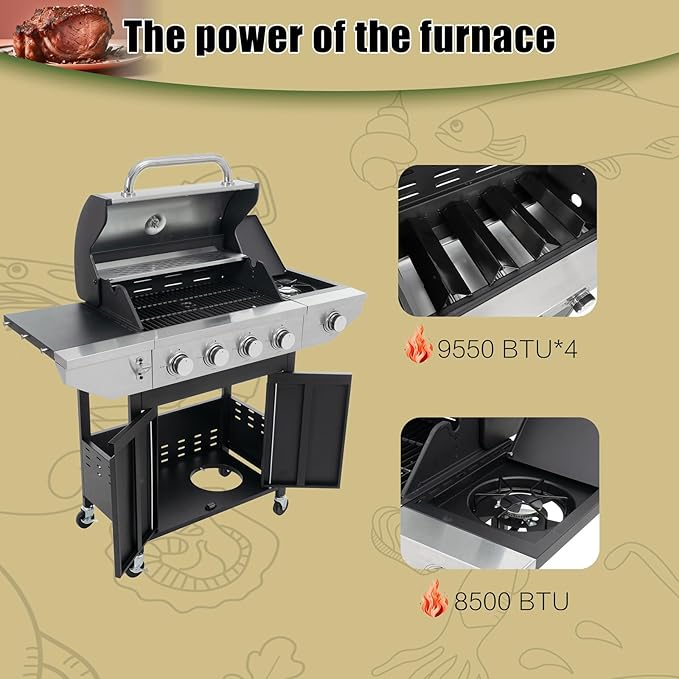 Propane Grill 4 Burner Barbecue Grill Stainless Steel Gas Grill with Side Burner, 46,500 BTU Outdoor Cooking, Patio, Garden Barbecue Grill, Black and Silver