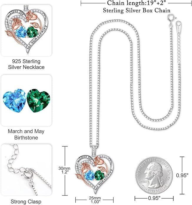 Iefil Christmas Gifts for Women Wife - 925 Sterling Silver Rose Heart Birthstone Necklace Birthday Anniversary Jewelry Gifts for Her Wife Mom Daughter