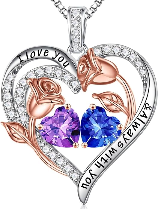 Iefil Christmas Gifts for Women Wife - 925 Sterling Silver Rose Heart Birthstone Necklace Birthday Anniversary Jewelry Gifts for Her Wife Mom Daughter