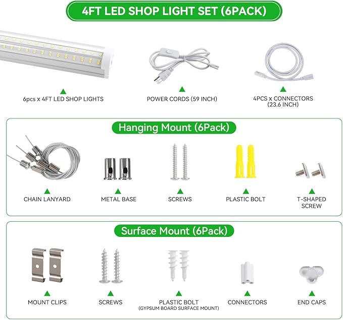 T12 4FT LED Shop Light Garage Lights,65W 5000K 10400LM Daylight Color,Super Bright,Plug and Play,Hanging/Surface Mount,Linkable Commercial Bay Lighting for Basement Warehouse Workshop,6Pack