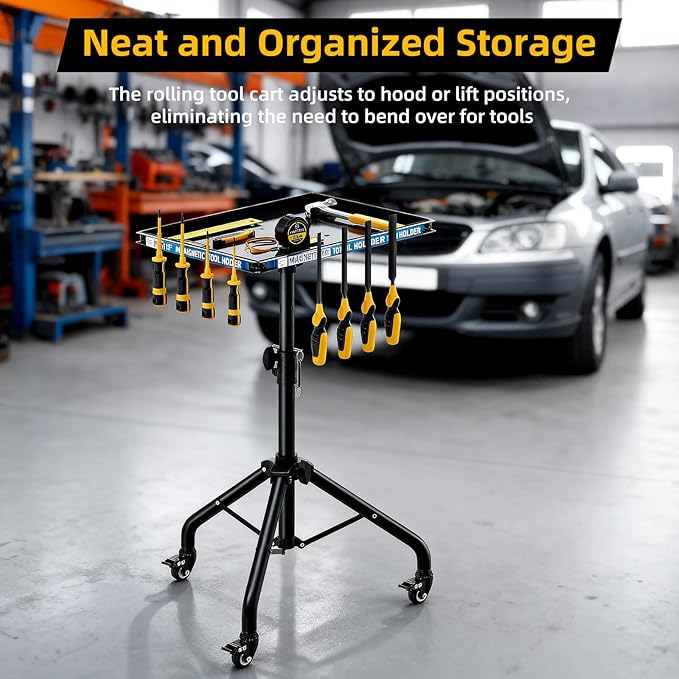 Rolling Tool Cart Adjustable Height Mechanics Tool Table with Magnetic Holders Durable Metal Tray 360° Swivel Casters Multi-Functional Tool Cart on Wheels Organizer for Garage Workshop Home Use
