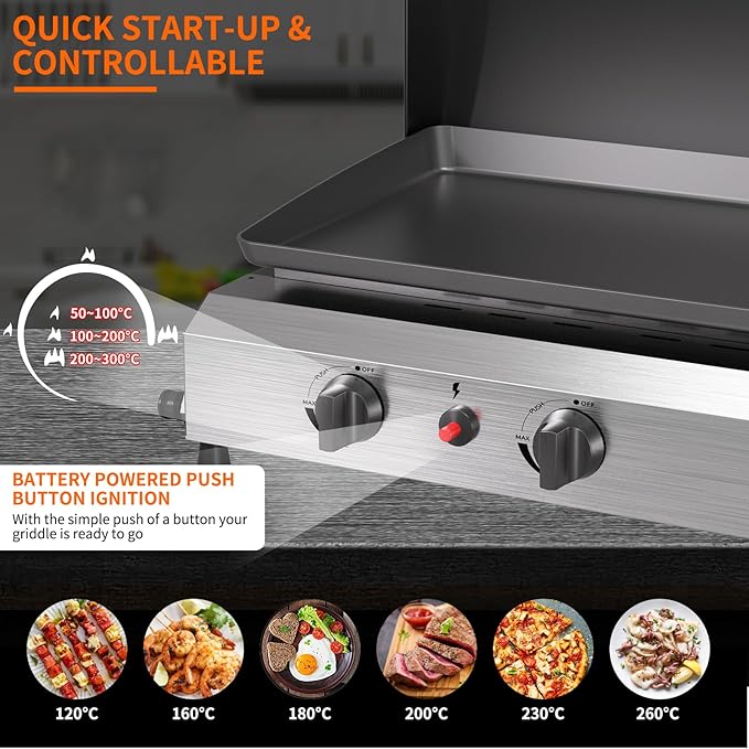 SKOK 3 Burners Outdoor Gas Griddle with Hood, Portable Flat Top Gas Grill-Table Top Propane Griddle Station with Side Shelves