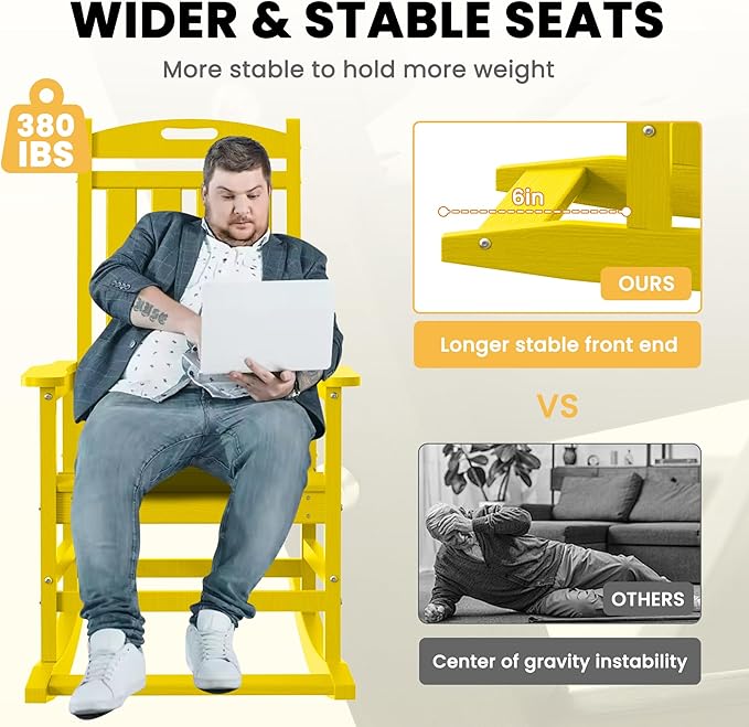 LOUNZY Outdoor Rocking Chair, HDPE Patio Rocking Chair with Footboard for Adults, All Weather Heavy Duty Front Porch Rocker, Yellow