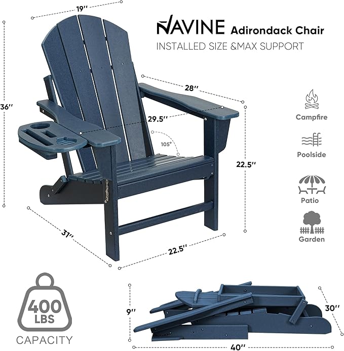 Adirondack Chair Set of 6, HDPE Folding Adirondack Chair with Multifunctional Cup Holder, Weather Resistant Fire Pit Chair for porches, patios, poolsides, Decks.