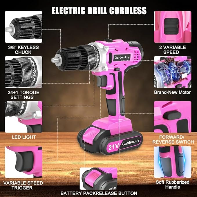 GardenJoy 20v Cordless Drill Set, Power Electric Kit 2 Batteries With Charger 30Nm 2-Speed 3/8" Keyless Chuck 24+1 Position Drill Driver screwdriver Bits with LED Electric Work Light Women DIY