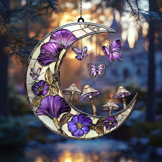 Crescent Moon Christmas Ornament Boho Acrylic Suncatcher with Purple Flowers Window Hanging Stained Glass Effect Art Garden Decor Unique Celestials Gift for Mom Thanksgiving