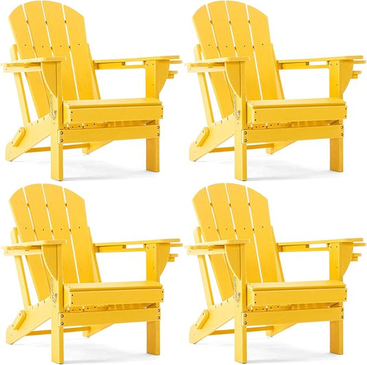 Folding Adirondack Chair, HDPE Outdoor Texture Lawn Chair with Reclining Back, Cup and Phone Holder - Comfortable Firepit Chair Weather Resistant for Patio or Backyard (Yellow, Set of 4)