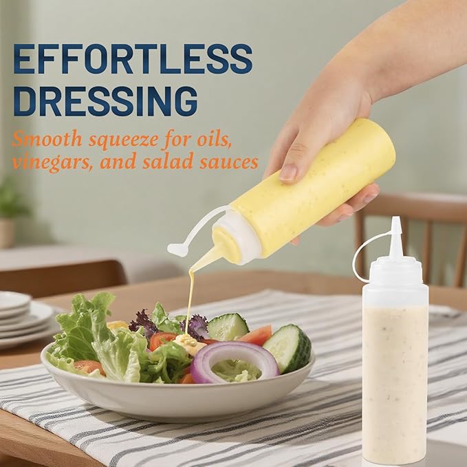 8 oz Squeeze Bottles for Sauces, Plastic Condiment Squeeze Bottles for Liquids, Ketchup, Squirt Bottle for Dressing, Sauce Bottle for Syrup, Oil, Dressing, Mustard, Pancake Batter - 6 Pack