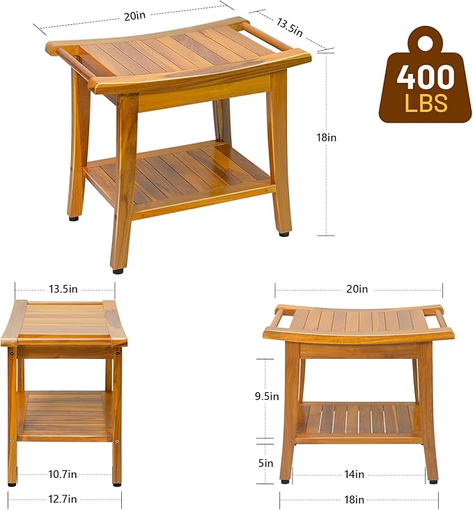20" Premium Teak Shower Bench with Shelf & Handle, Solid Teak Shower Stool, Durable Waterproof Seat for Inside Shower, Teak Wood Bench for Bathroom, Indoor & Outdoor Use