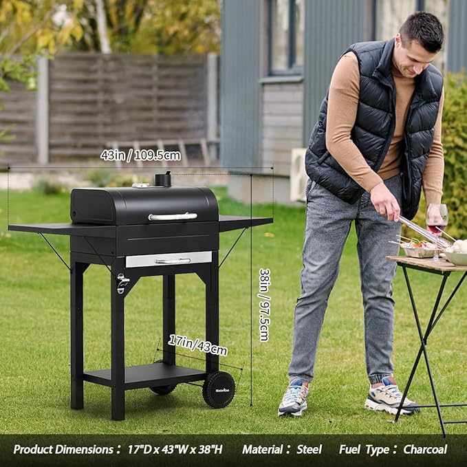MASTER COOK Charcoal Grills with Two Side Tables, 17'' Outdoor Smoker Barbecue bbq grill for Camping, Patio,Backyard Party, Picnic, Black