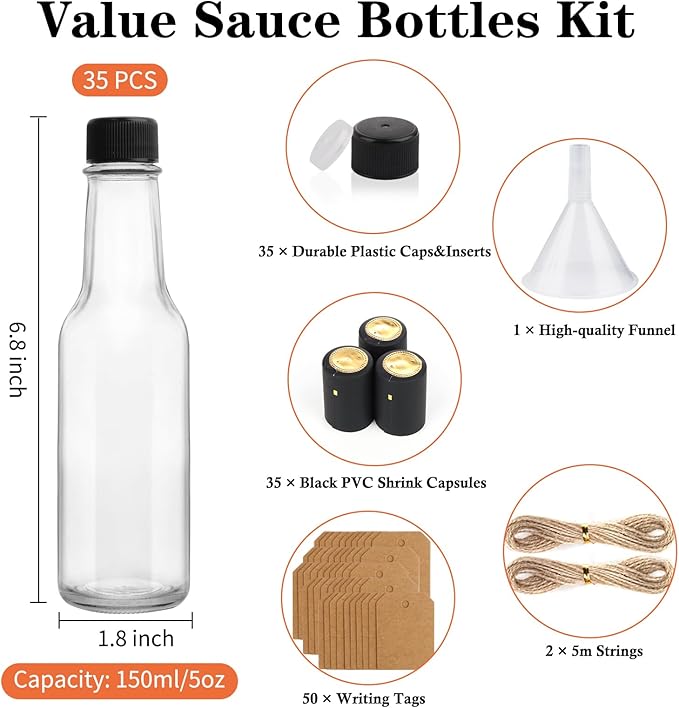 5 oz Hot Sauce Bottles, 35 Pack Clear Glass Woozy Bottles with Leak Proof Black Screw Caps, Empty Bottles for Sauces, Vanilla Extract, Wine, Beverage