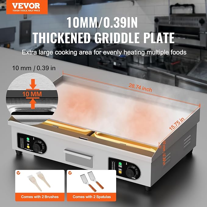 VEVOR Commercial Electric Griddle, 4400W Countertop Flat Top Grill, 122℉-572 ℉ Adjustable Temp, 29in Stainless Steel Griddle Grill with 2 Shovels and 2 Brushes for Home or Restaurant(220V No Plug)