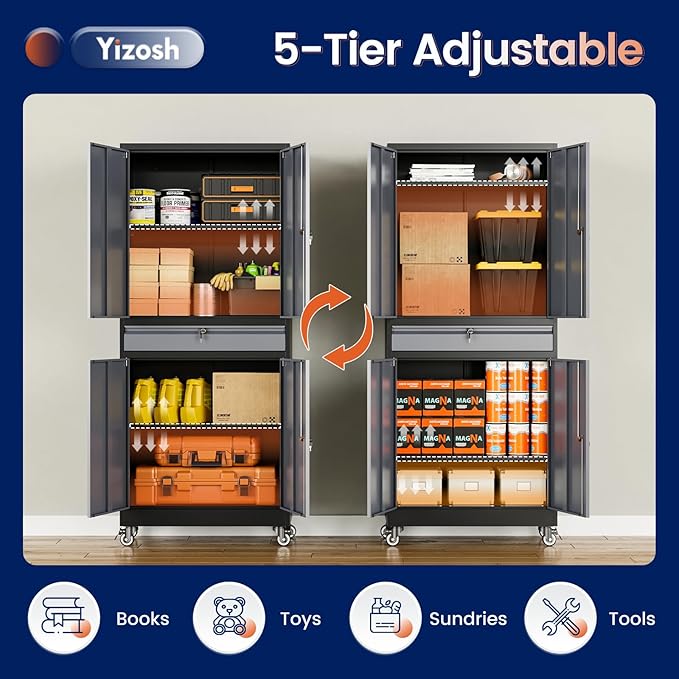 Yizosh Metal Garage Storage Cabinet with Locking Doors and Adjustable Shelves, -73" Steel Rolling Tool Storage Cabinet with 4 Wheels and 1 Drawer for Garage,Office,Warehouse