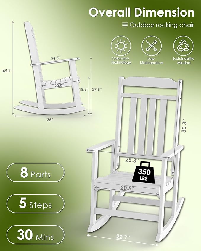 GREENVINES Outdoor-Rocking-Chairs-Set-of-4 | HDPE Plastic | Patio Rockers | Porch Rocker Chair | Oversized | High Back | Big & Tall | White