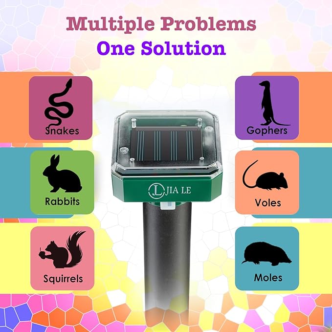 Mole Repellent Solar Powered 10 pk Gopher Solar Snake Repellent Ultrasonic Vole Gopher Sonic Waterproof Spikes Stakes for Garden Yard (1N)