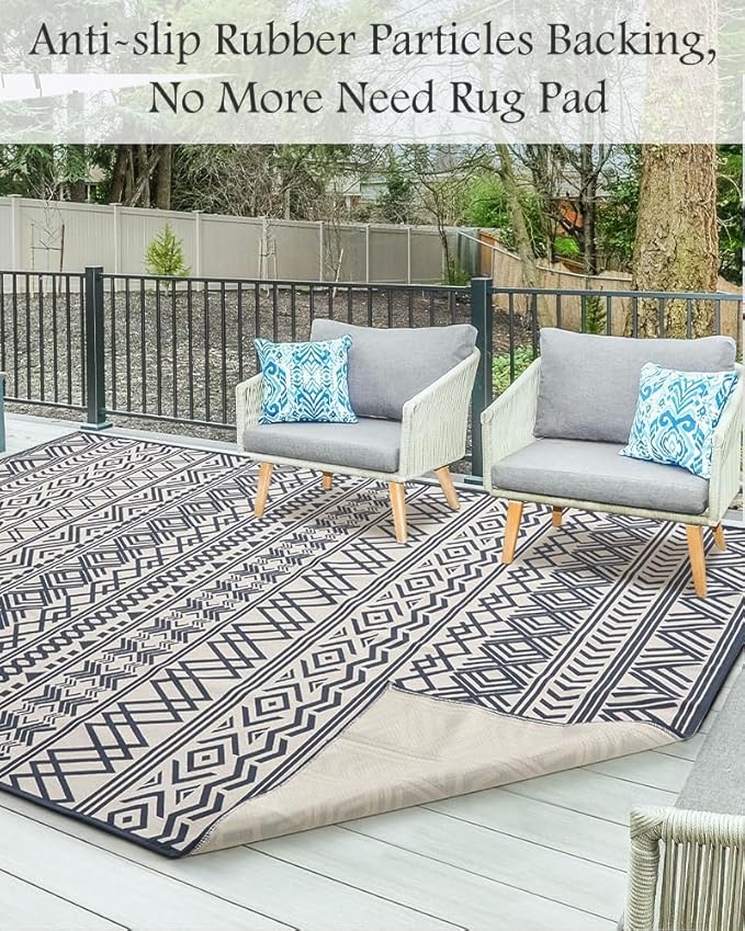 Outdoor Rug Carpet 9X12 ft, Flatweave Textured Outdoor Patio Rug Non Slip Indoor Outdoor Rugs with Rubber Particles Backing Boho Outdoor Area Rug for Patio Deck Front Porch Backyard Balcony, Navy
