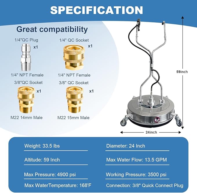 Garvee 24 in Pressure Washer Surface Cleaner with 4 Wheels&Dual Handles, 4900PSI Stainless Steel Surface Cleaner Attachment for Pressure Washer for Concrete Driveway Sidewalk Deck Patio