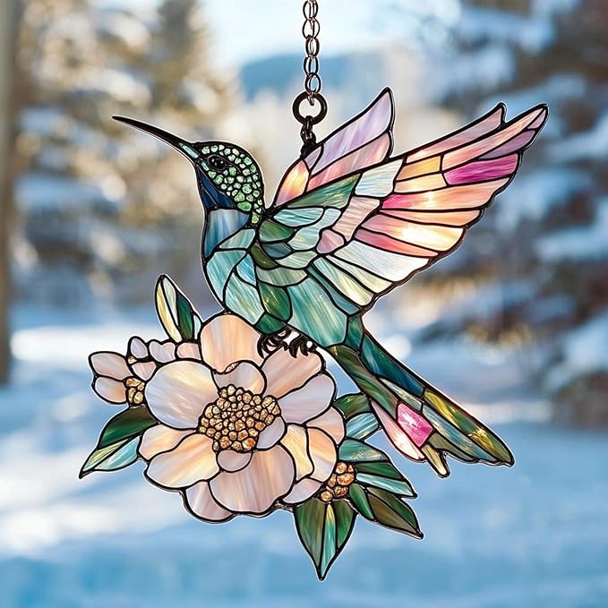 Hummingbird Christmas Ornament Bird Lovers Suncatcher Window Hanging Acrylic Stained Glass Effect Art Garden Decor Unique Gift for Mom Bird Watchers Thanksgiving