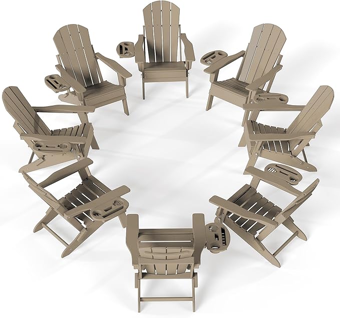 FOOWIN Folding Adjustable Adirondack Chair Set of 8,HDPE Adirondack Chair w/4 in 1 Cup Holder Trays,All-Weather Resistant Fire Pit Chair, Outdoor Chair for Patio Lawn Poolside,400lbs,Brown