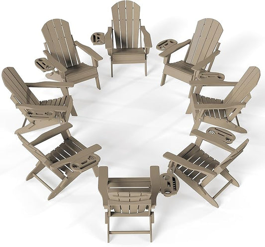 FOOWIN Folding Adjustable Adirondack Chair Set of 8,HDPE Adirondack Chair w/4 in 1 Cup Holder Trays,All-Weather Resistant Fire Pit Chair, Outdoor Chair for Patio Lawn Poolside,400lbs,Brown