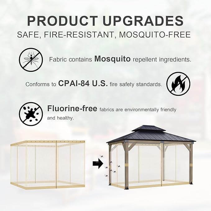 BPS 12' x 14' Gazebo Universal Mosquito Netting Screen Replacement, 4-Panel Screen Walls with Double Zippers for Outdoor Patio, Khaki (Mosquito Net Only)