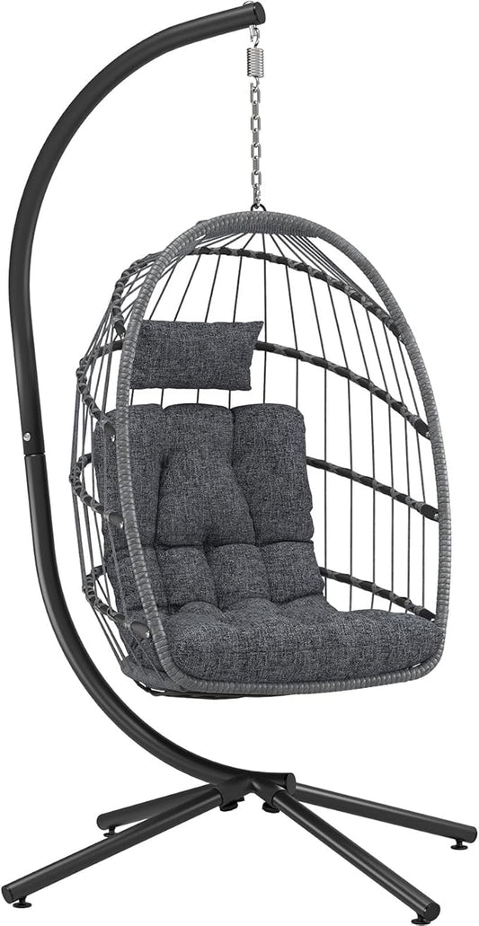 Hanging Egg Chair with Stand, Outdoor Indoor Swing Egg Chair with Cushion, Wicker Hammock for Patio, Bedroom 350 LBS Capacity-Dark Grey