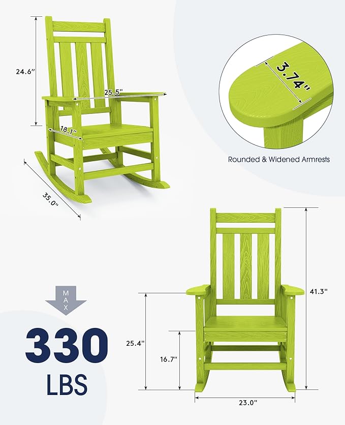 KINGYES Outdoor Rocking Chair, All-Weather Patio Rocking Chairs for Porch, HDPE Rocking Outdoor Chairs with High Back for Adult, Heavy Duty Outdoor Patio Rockers for Garden, Lawn, Apple Green