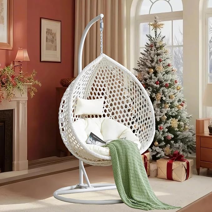 Hanging Egg Chair Outdoor Indoor,Wicker Swing Egg Chair with Stand, 300lbs Capacity for Bedroom Patio Garden Balcony Yard (White)