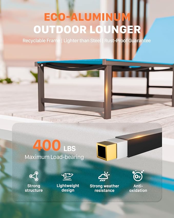 Chaise Lounge Chair Outdoor,Aluminum Patio Lounge Chairs Set of 2, Adjustable 5-Position Recliner and Full Flat Tanning Chair with Pillow for Pool, Outside,Beach,Blue