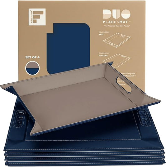 PLACEsMAT 2-in-1 Faux Leather Placemat & Serving Tray | Reversible Design, Lays Flat & Easy to Clean | Ottoman Food Tray, Perfect Housewarming Gift, 18” x 14” (Blue & Taupe, Set of 4)