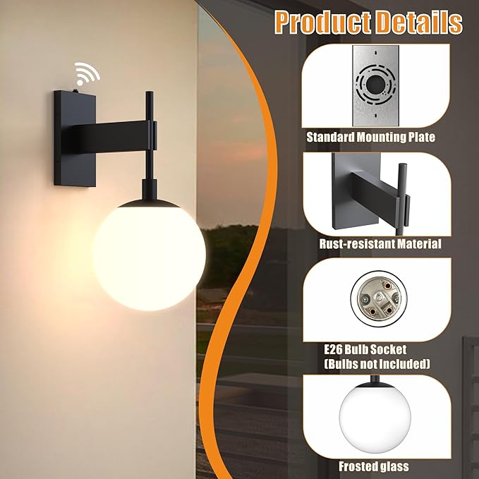 Hyunbae Dusk to Dawn Outdoor Wall Sconces, Modern Exterior Sensor Front Porch Light, 18.9" Globe Large Outdoor Wall Lighting, Waterproof Outside Lights for House, Doorway, Garage, E26, IP65