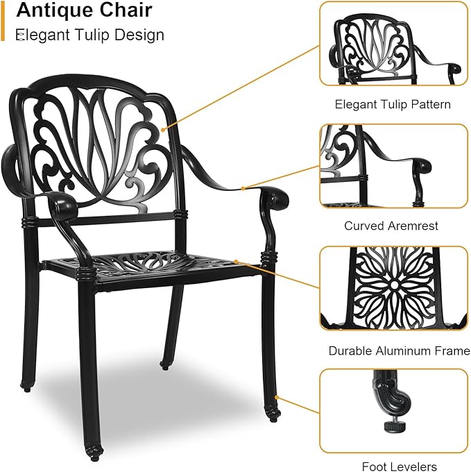 3 Piece Outdoor Bistro Set, All-Weather Patio Cast Aluminum Table and Chairs Set of 2 with 2.4" Umbrella Hole for Patio, Front Porch,Garden, Backyard, Balcony, Black
