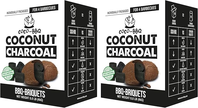 Coconut Charcoal BBQ Briquettes | Organic, Long-Burn, High Heat, Low Ash, No Sparks | Perfect for Christmas & Winter Grilling, Cookouts, Smokers & Roasting | Even Burn & Mild Flavor - 2PACK
