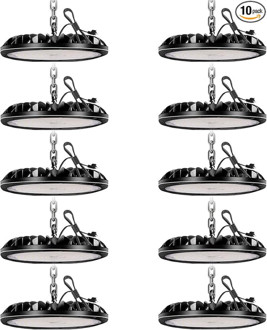10 Pack UFO LED High Bay Light 100W, 10000LM LED Shop Light with 4ft 110V Plug Cable, 6500K Bay Lighting IP65 Waterproof for Barn/Garage