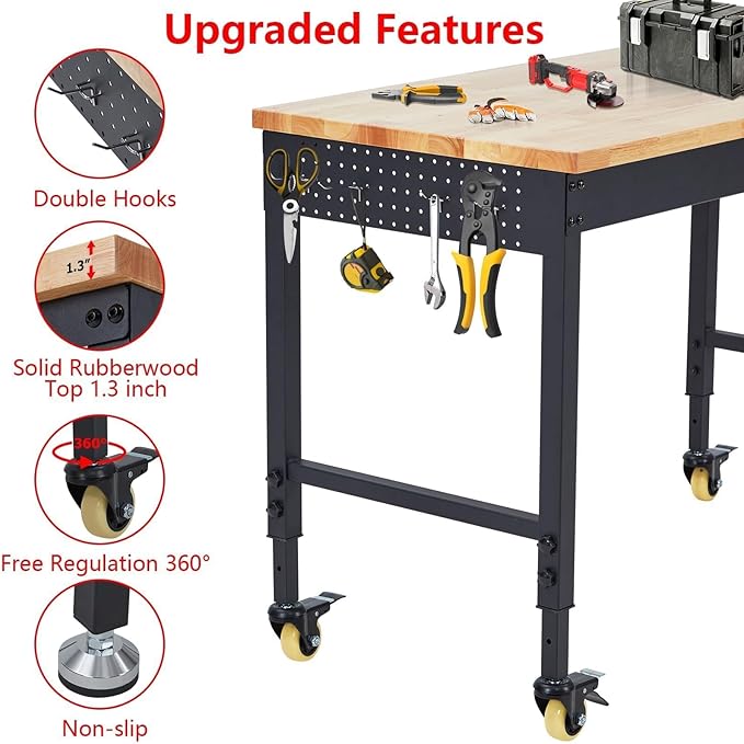 72"x25" Garage Workbench - 2000LB Capacity Work Bench with Rubberwood Top, Locking Wheels & Power Outlets, 27.8"-39.5" Height, Heavy-Duty Adjustable Workbench for Workshop/Home DIY